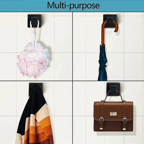 Multi-purpose Six Pack Square Towel Hooks In Matte Black For Bathrooms And Kitchens holding a loofah, umbrella, towel, and bag