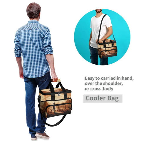 Man holding Cowboy Western Desert Insulated Lunch Bag with adjustable strap, showcasing 15L capacity and design