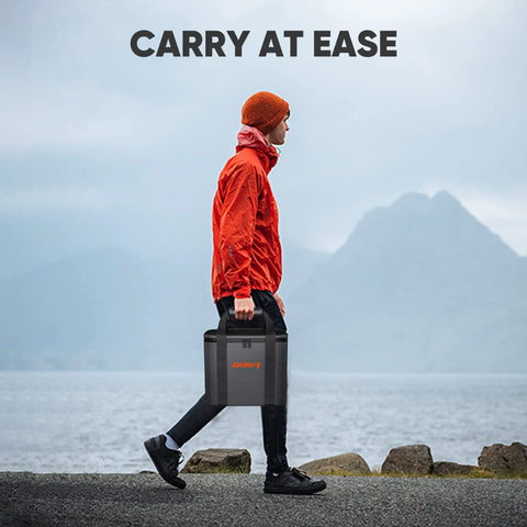 Person walking with Rugged EVA Carrying Case for Explorer 240, 240 V2, 300, 300 Plus, and 500 Portable Power Stations Black S Size