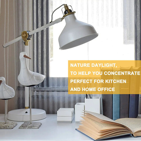 A19 Rechargeable LED Light Bulbs With Built In Battery Backup For Power Outages, lamp with open book on table in home office.