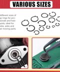 Pro Grade Alloy Steel External And Internal Retaining Ring Set 261 Pcs With 16 Sizes 4mm To 30mm Includes 4 In 1 Snap Ring Pliers And Wrist Pin Clips For DIY Repair Projects showing various sizes and pliers in use