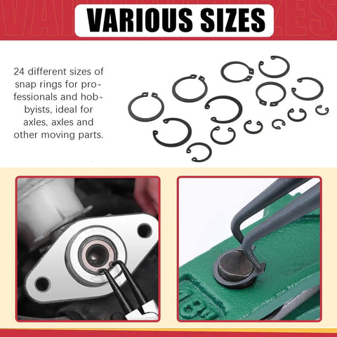 Pro Grade Alloy Steel External And Internal Retaining Ring Set 261 Pcs With 16 Sizes 4mm To 30mm Includes 4 In 1 Snap Ring Pliers And Wrist Pin Clips For DIY Repair Projects showing various sizes and pliers in use