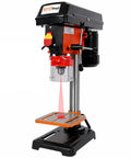 Awesome 8 Inch Benchtop Drill Press With Laser Positioning Guide, Featuring 5 Variable Speed Settings Ranging From 770-3410 RPM For Easy Woodworking And Metal Fabrication Tasks, Plus Tilting Worktable, shown in detail.