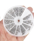 Straight Up Solid 304 Stainless Steel Cup Point Hex Set Screw Assortment Featuring 240 Pieces Across Twelve Standard Inch Threads in a clear organizer.