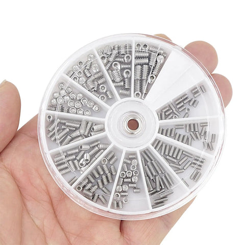 Straight Up Solid 304 Stainless Steel Cup Point Hex Set Screw Assortment Featuring 240 Pieces Across Twelve Standard Inch Threads in a clear organizer.