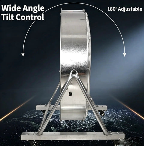 Heavy Duty Industrial Floor Fan With Multi Angle Tilt Stand and Reinforced Steel Frame showing 180° adjustable tilt control.
