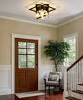 4 Light Industrial Ceiling Light In Matte Black With Open Frame Cage Design Semi Flush Mount Fixture in hallway.