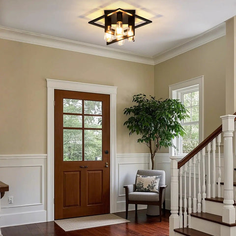 4 Light Industrial Ceiling Light In Matte Black With Open Frame Cage Design Semi Flush Mount Fixture in hallway.