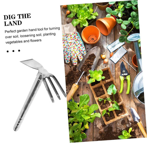 Durable Stainless Garden Hoe For Weeding, Digging, And Soil Prep with ergonomic handle, shown with gardening tools and plants.