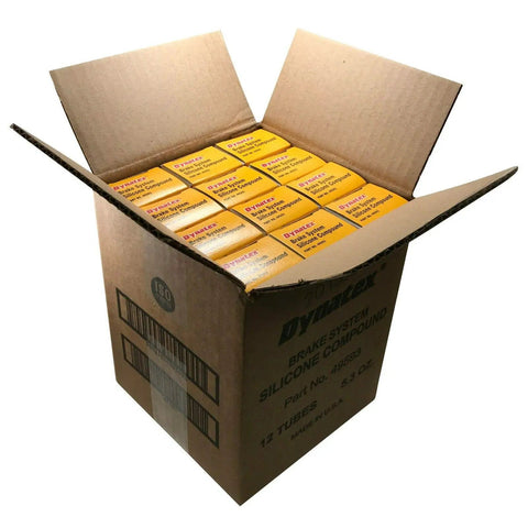 Open box showing 12 tubes of Dynatex Brake System Silicone Lubricant Compound 5.3 Oz Tube For Auto And Marine Use Pro Grade Formula Prevents Squeaks And Wear Protects Rubber And Plastic Gears Made In USA Boxed Tube Trusted By Midas And Meineke Shops.