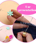 Hands using All in One Needle Threader Set For Hand Sewing And Embroidery With 20 Pieces, sewing jean fabric and threading needle