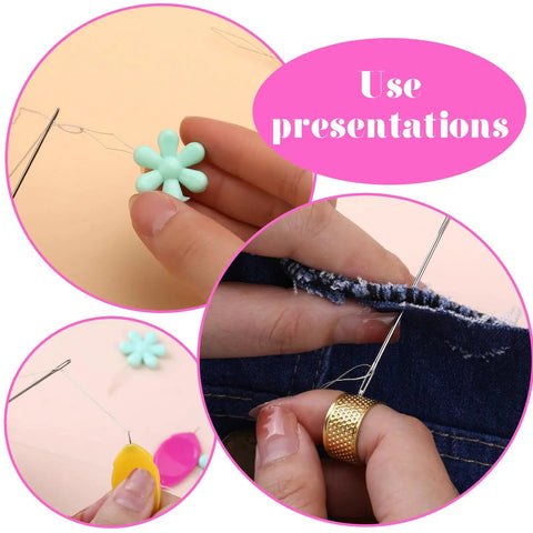 Hands using All in One Needle Threader Set For Hand Sewing And Embroidery With 20 Pieces, sewing jean fabric and threading needle