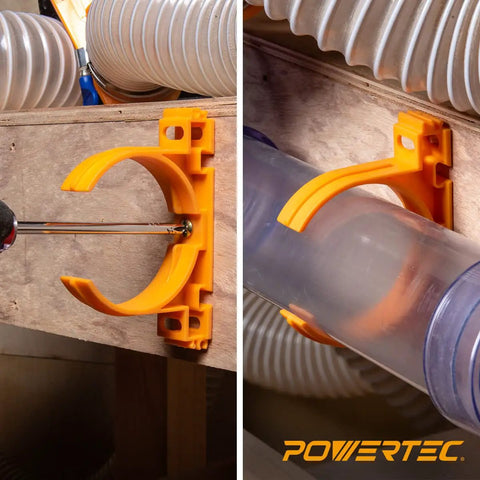 Open Style Dust Collection Pipe And Hose Hangers With Multi Mounting Options For Two And A Half Inch Ducting And Hoses Heavy Duty 4.5 Lb Holding Capacity Five Pack Orange For Wall Mounts In The Shop.