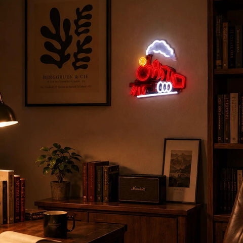 Steam Locomotive Neon Sign LED Train Light For Man Cave, wall decor glowing in living room with books and plant