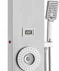 Close-up of the 6-Mode Shower Panel System with Rainfall, Waterfall & 4 Body Massage Jets, showing controls and temperature display.