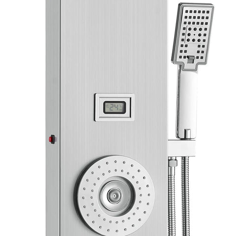 Close-up of the 6-Mode Shower Panel System with Rainfall, Waterfall & 4 Body Massage Jets, showing controls and temperature display.
