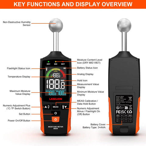 Front and back view of Pinless Moisture Meter With Ball Probe For Non Destructive Area Scans On Wood Walls And Construction Materials