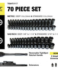 Half Inch Drive Impact Socket Master Set With 70 Piece Kit Containing SAE And Metric Sockets Standard And Deep Sockets