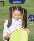 Girl holding United States Map Dry Erase Whiteboard For Classroom 11x14 Kid Friendly Travel USA Learning Tool near backpack