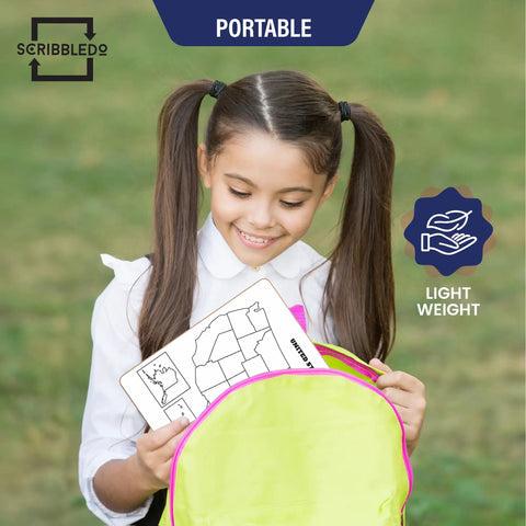 Girl holding United States Map Dry Erase Whiteboard For Classroom 11x14 Kid Friendly Travel USA Learning Tool near backpack