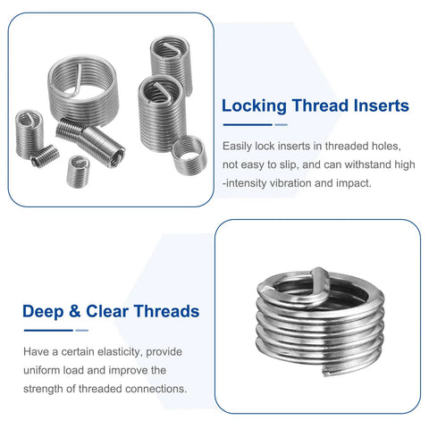 Wire Thread Inserts 10-32 UNF Helical Coiled Type 304 Stainless Steel Thread Repair Kit, locking and deep thread features shown
