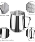 Stainless Steel Milk Frothing Pitcher For Latte Art 12 Ounce Barista Grade Pouring Jug Creamer with spout and measurement line