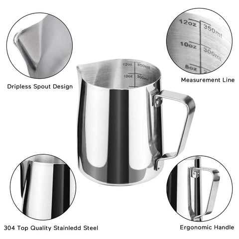 Stainless Steel Milk Frothing Pitcher For Latte Art 12 Ounce Barista Grade Pouring Jug Creamer with spout and measurement line