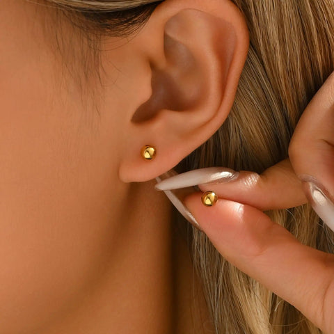 Gold Ball Stud Earrings For Women, 18K Gold Plated Stainless Steel Hypoallergenic Round Ball Studs, 2mm 3mm 4mm 5mm Size Set, Waterproof And Non Fade, Simple Yet Dope Everyday Jewelry on ear