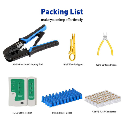 RJ45 Crimp Tool Kit For Ethernet Cabling With Network Cable Tester Wire Cutter Pliers Mini Cable Stripper And 50 Cat5e Connectors