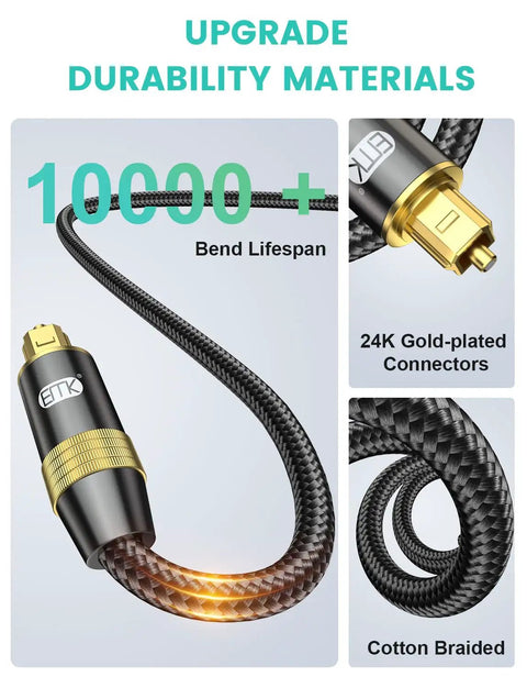 Slick Nylon Braided Toslink To Toslink Optical Audio Cable With Super Durable Gold Plated Ends For Epic Surround Sound On Game Consoles PlayStation Xbox TV And Home Theater Systems 3 Foot Black SPDIF Certified Cable close-up of connectors and braided design