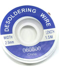 Close-up of a desoldering wire spool with 2.5mm width, labeled 060800, China, for Desoldering Wick Pack Of 3 Spools, 2.5mm Wide, 5 Feet Each, Copper Braided Desoldering Wire For Quick Solder Removal, No Fuss Safer Heat, Pro Grade SMD IC Cleanup For PCBs.