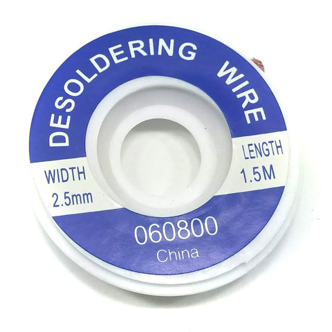 Close-up of a desoldering wire spool with 2.5mm width, labeled 060800, China, for Desoldering Wick Pack Of 3 Spools, 2.5mm Wide, 5 Feet Each, Copper Braided Desoldering Wire For Quick Solder Removal, No Fuss Safer Heat, Pro Grade SMD IC Cleanup For PCBs.
