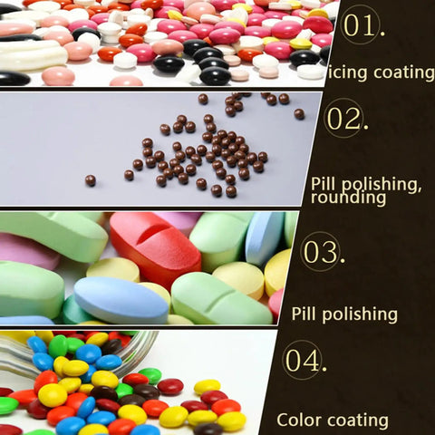 Various candy and chocolate types in different coating stages with detailed textures for Heavy Hitter All In One Candy And Chocolate Coating Machine.