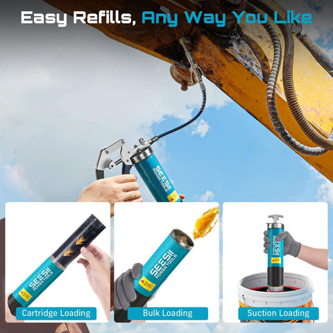 Seesii 8000PSI grease gun kit with blue pistol-grip body and hose, 14oz capacity for automotive use.