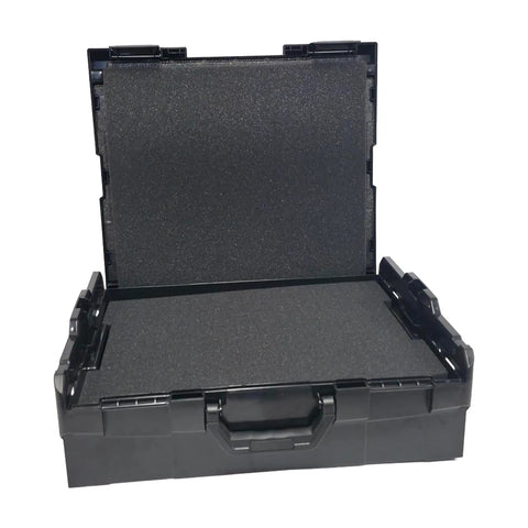 Open L-BOXX Two Tier Stackable Tool Box Kit with foam insert for jobsite organization, showing secure click-together system