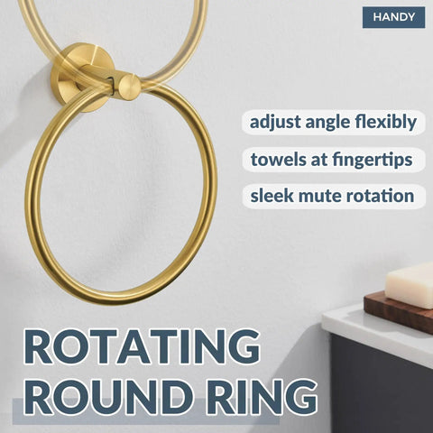 Wall Mounted Brushed Gold Towel Ring Crafted From Solid 304 Stainless Steel Rustproof And Built Tough For Bathroom Decor Or Kitchen Sink Station That Holds Up Under Pressure While Looking Fresh And Making Your Space Pop, rotating design.
