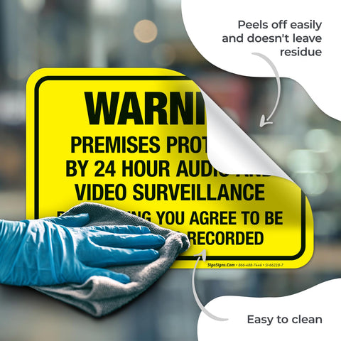 Keep Drifters From Meddling With Your Patch With This Legit Heavy Duty Security Surveillance Decal Sticker Warning Folks Cameras Rolling 24 Hour, yellow vinyl decal being cleaned.