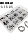 1035-Piece Stainless Steel Split Lock Washer Set With M1.6 Through M16 Sizes, 304 Grade Stainless, Heavy-Duty Assortment Kit To Prevent Nuts And Bolts From Loosening Under Vibration, Includes Elastic Gasket, Great For Auto, Bike, And DIY Projects., assorted split lock washers in labeled storage box