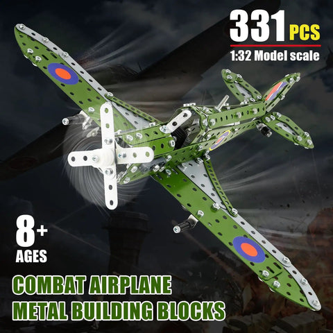 Metal 1 To 32 Scale Fighter Airplane Kit With 331 Parts DIY STEM Model for Kids 8 to 12, green and rust-resistant assembly
