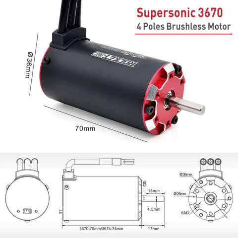 Sensored 3670 2750KV brushless motor for 1 by 10 RC cars showing 4 pole design and dimensions.