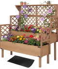 Two Tier Raised Garden Bed With Trellis And Lattice Back For Climbing Plants Wooden Outdoor Planter For Vegetables Herbs And Flowers