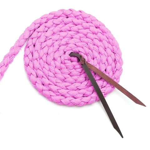 Pink braided mule tape lead rope for horse halter, part of Braided Mule Tape Horse Halter With 10 Foot Lead Rope Full Size Adjustable Knot Halter For Horses 750 To 1200 Lb Equestrian Training Tack For Riding Trail Western Barn Stable Pink set.