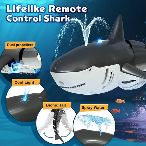 Remote Control Shark Pool Toy For Kids With Lights And Water Spray 2.4GHz, dual motors, flexible tail, realistic shark motion