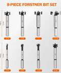 Eight Piece Forstner Bit Set Made From Alloy Steel For Woodworking With Round Shank Pro Grade Ultra Sharp Teeth With Sizes Display.