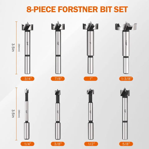 Eight Piece Forstner Bit Set Made From Alloy Steel For Woodworking With Round Shank Pro Grade Ultra Sharp Teeth With Sizes Display.