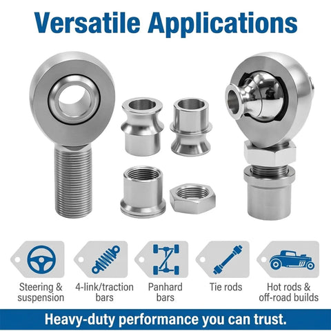 1 Inch Bore Heat Treated Chromoly Steel Heim Joint Rod End Kit with right hand threads and tube adapters for suspension builds.