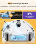 Q7 M5 Smart Vacuum And Mop Combo with 10,000 Pa showing dual anti-tangle system with zero hair tangling on brush