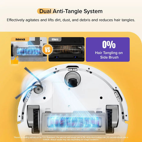 Q7 M5 Smart Vacuum And Mop Combo with 10,000 Pa showing dual anti-tangle system with zero hair tangling on brush