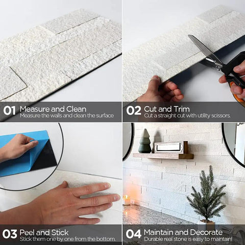Peel And Stick Stone Tile Backsplash For Kitchen And Bathroom Four Sheets 3D Real Stone Veneer Natural White With Easy Install