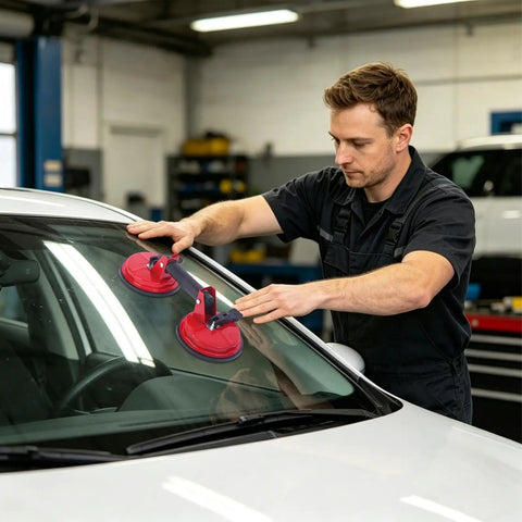 Hella Strong Heavy Duty Glass Suction Cups With Comfort Grip Handle Multi Function Vacuum Lifter For Tile Wall And Windshield Setup in use on car windshield.